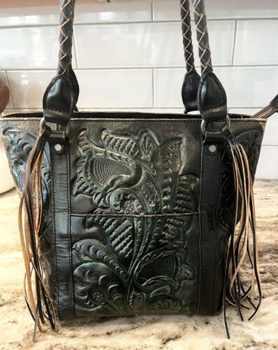 PATRICIA NASH Rena Burnished Green Tooled Leather Tote Shoulder Bag Purse