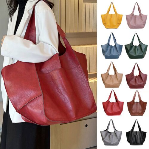 Women Large Capacity Soft Leather Casual Tote Shoulder Bag Retro Shopper Handbag